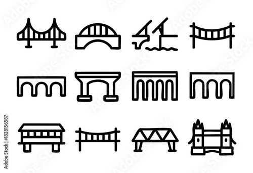 Set of bridge icon collection in simple bold-line style: suspension bridge, arch bridge, drawbridge, aqueduct, viaduct, covered bridge, tower bridge, truss bridge.