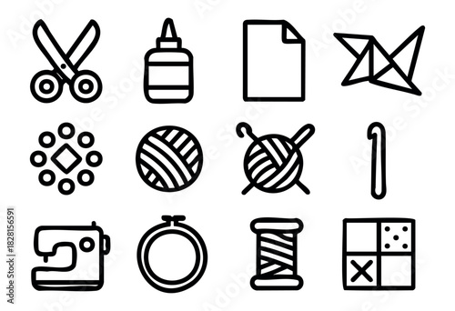 Set of craft icon collection in simple bold-line style: scissors, glue, paper, origami, beads, yarn ball, crochet, hook, sewing machine, embroidery hoop, thread spool, patchwork.