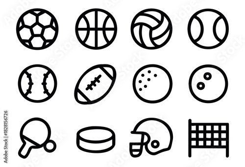 Set of general sports icons in simple outline style: soccer, basketball, volleyball, tennis, baseball, football, golf, bowling, ping pong, hockey, helmet, net.