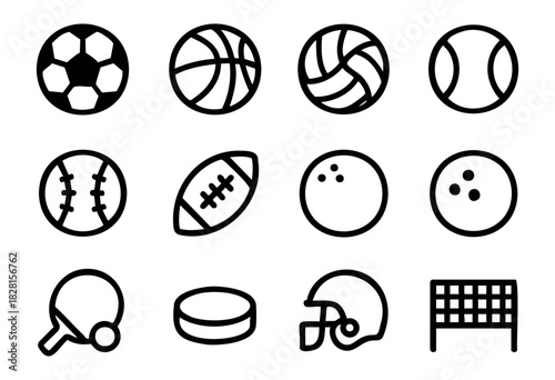 Set of general sports icons in simple outline style: soccer, basketball, volleyball, tennis, baseball, football, golf, bowling, ping pong, hockey, helmet, net.
