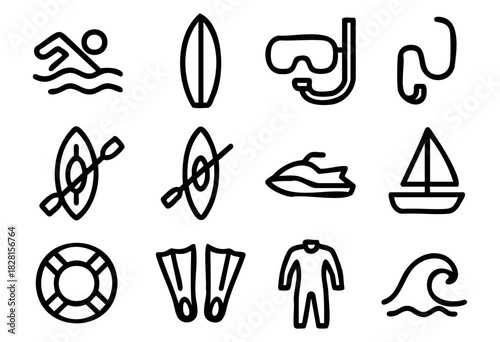 Set of water sports icons in simple bold-line style: swimming, surfboard, snorkel, hook, kayak, jet ski, sailboat, lifebuoy, fins, wetsuit, wave.