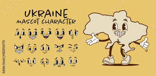 Vintage Ukraine country map mascot character with cartoon facial expression set