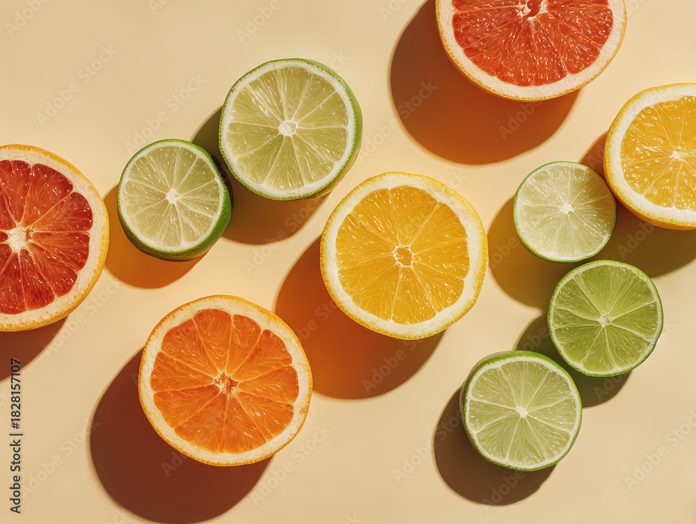 Obraz premium Horizontal still life of sliced citrus fruits, minimal winter palette, clean top-down lighting, editorial clarity.