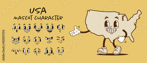 Vintage USA country map mascot character with cartoon facial expression set