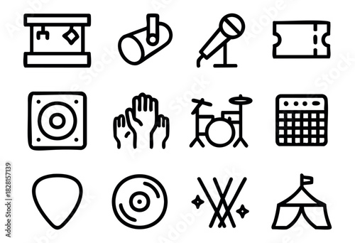 Set of concert icons in simple bold-line style: stage, spotlight, microphone, ticket, speaker, crowd, drums, mixer, guitar pick, vinyl, drumsticks, tent