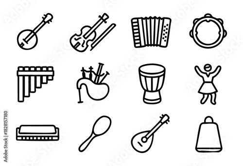 Set of folk music icons in simple outline style: banjo, violin, accordion, tambourine, pan flute, bagpipes, drum, dancer, harmonica, maracas, balalaika, cowbell.