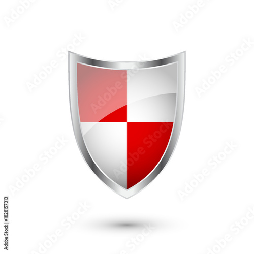 Glossy shield with red and black pattern. Security and protection concept. Cyber safety icons, internet privacy, web defense, digital data protection and antivirus themes. Vector illustration