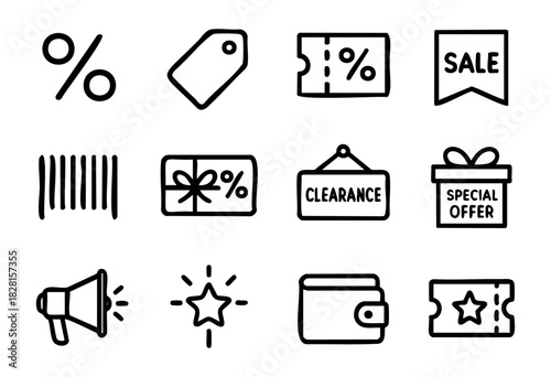 Set of discount icons in clean bold-line style: percentage, tag, coupon, sale flag, barcode, gift card, clearance sign, wallet, megaphone, star, ticket.