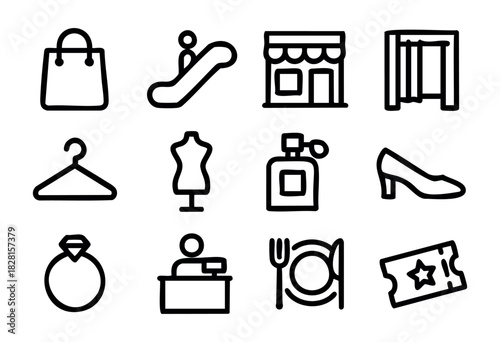 Set of mall shopping icons in simple bold-line style: shopping bag, escalator, store, fitting room, hanger, mannequin, perfume, high heels, ring, cashier, food court, ticket.