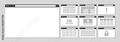 Web browser window, pages layout with toolbar and search field. Modern website, internet page in flat style. Browser mockup for computer, tablet and smartphone. Adaptive UI. Vector illustration