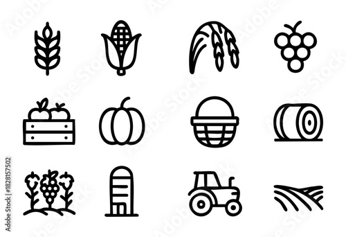 Set of harvest icons in simple bold-line style: wheat, corn, rice, grapes, apple crate, pumpkin, basket, hay bale, field, silo, tractor.