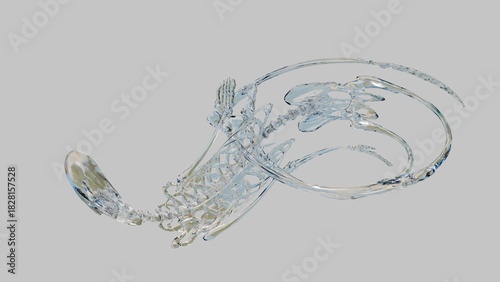 Glass skeleton bent into infinity symbol, surreal 3D visualization with jelly-like texture. Crystal human skeleton twisted in infinite loop, absurd surreal 3D render with plasticity.