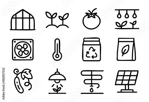 Set of greenhouse icons in minimal line style: greenhouse, sprout, tomato plant, irrigation system, fan, thermometer, recycle bin, seed bag, lamp, faucet, solar greenhouse.