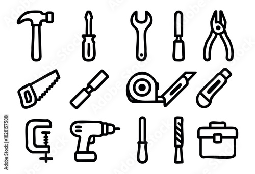 Set of tool icons in simple bold-line style: hammer, screwdriver, wrench, pliers, saw, chisel, tape measure, utility knife, clamp, drill, file, toolbox.