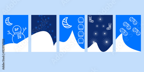 Flat Minimal Winter Holiday Card Set with Snowman, Moon, Ornaments, and Snow Hills