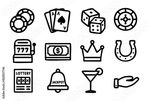 Set of casino icons in simple bold-line style: chips, cards, dice, roulette, slot machine, money, crown, horseshoe, lottery, jackpot bell, cocktail, hand.