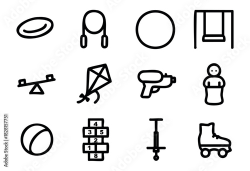 Set of outdoor game icons in bold-line style: frisbee, jump rope, hula hoop, swing, seesaw, kite, water gun, sack race, ball, hopscotch, pogo stick, roller skate.