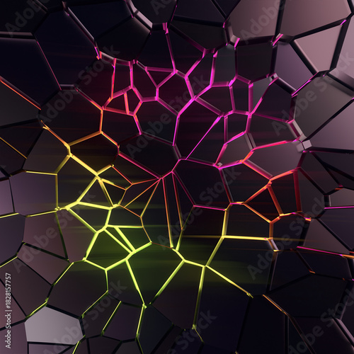 Fototapeta Naklejka Na Ścianę i Meble -  A bright abstraction with neon cracks on a black geometric surface. 3d rendering