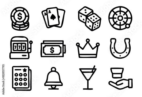 Set of casino icons in simple bold-line style: chips, cards, dice, roulette, slot machine, money, crown, horseshoe, lottery, jackpot bell, cocktail, hand.