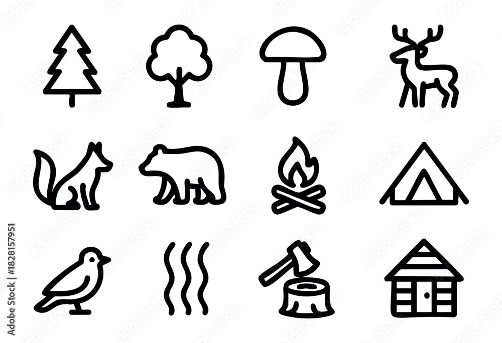 Fototapeta premium Set of forest icons in minimalist bold-line style: pine tree, oak tree, mushroom, deer, fox, bear, campfire, tent, bird, woodcut, cabin, heat lines.