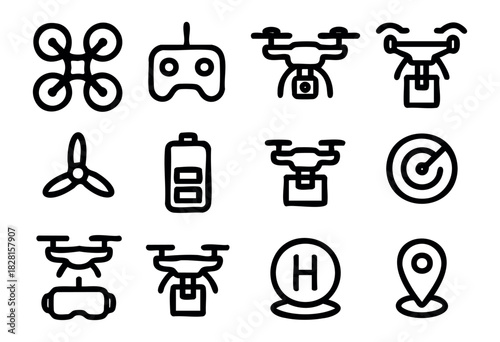 Set of drone icons in simple bold-line style: drone, controller, propeller, battery, radar, map pin, goggles, helipad, camera drone, quadcopter, target, navigation