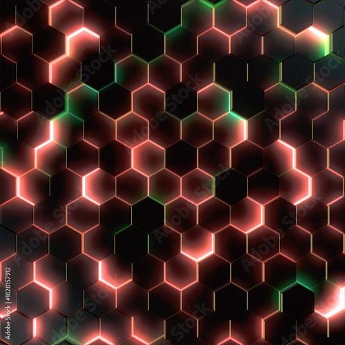 Fototapeta Naklejka Na Ścianę i Meble -  A dynamic background of hexagons illuminated by red and green neon lights. 3d rendering