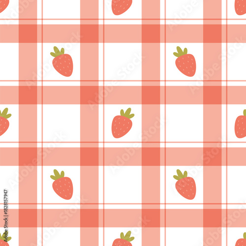 Strawberry plaid tartan seamless pattern. Gingham endless ornament. Vector repeating ornament useful for kitchen textile, fabric, gift paper, wallpaper, wrapping paper, digital paper, scrapbooking