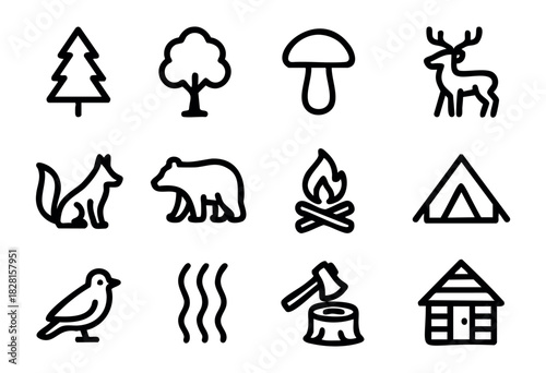 Set of forest icons in minimalist bold-line style: pine tree, oak tree, mushroom, deer, fox, bear, campfire, tent, bird, woodcut, cabin, heat lines.