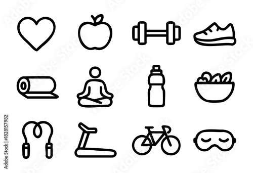 Set of healthy lifestyle icons in simple bold-line style: heart, apple, dumbbell, shoe, yoga mat, meditation, water bottle, salad, jump rope, treadmill, bicycle, sleep mask.