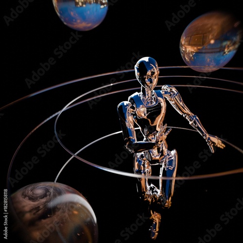 Retrofuturism-style chrome robot, fantastic abstract background