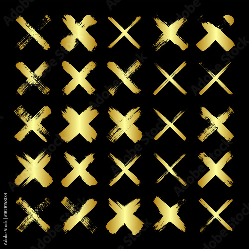 Golden grunge crosses, brush strokes, lines, ink smudges, hand-drawn scribble shapes. Handmade sketchy marks, acrylic stains, charcoal streaks. Paint textures, dry brush effect. Vector illustration