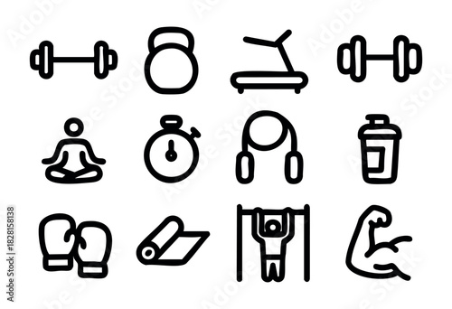 Set of fitness and gym icons in minimalist bold-line style: dumbbell, kettlebell, treadmill, yoga, stopwatch, headphones, shaker, boxing gloves, mat, pull-up bar, biceps.
