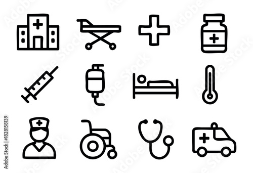 Set of hospital icons in bold-line style: hospital building, stretcher, medical cross, medicine bottle, syringe, bed, thermometer, nurse, wheelchair, stethoscope, ambulance.