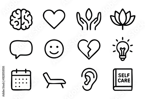 Set of mental health icons in simple bold-line style: brain, heart, hands, lotus, speech bubble, smile, broken heart, idea, calendar, couch, ear, self-care book