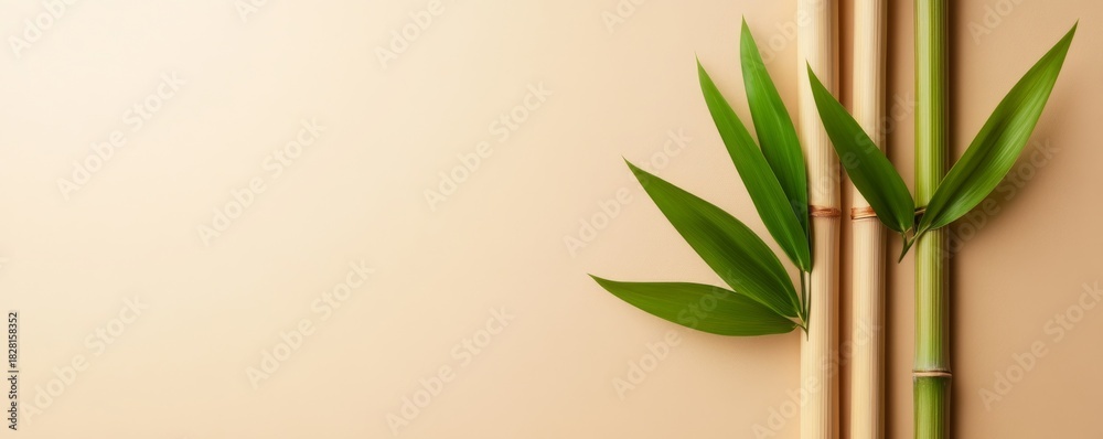 Obraz premium Bamboo Stalks and Green Leaves on Beige Backdrop Asian Zen Still Life, Minimalism ,Nature