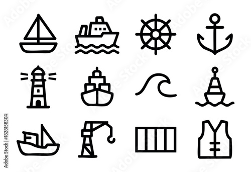 Set of ship and marine icons in bold-line minimalist style: sailboat, cargo ship, anchor, wheel, lighthouse, buoy, wave, port crane, container, life vest.