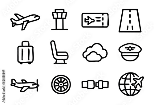 Set of airplane and aviation icons in minimalist bold-line style: airplane, control tower, boarding pass, runway, suitcase, seat, clouds, pilot, propeller plane, jet engine, seatbelt, globe with plane