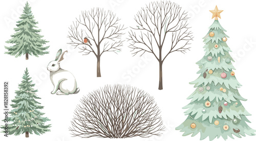 A charming watercolor collection of winter forest elements, featuring a decorated Christmas tree, a white rabbit, a robin, and seasonal trees