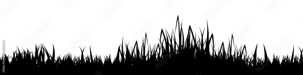 Naklejka premium Meadow silhouette with grass, plants on plain. Panoramic summer lawn landscape with herbs, various weeds. Herbal border, frame element. Black horizontal banners. Vector illustration