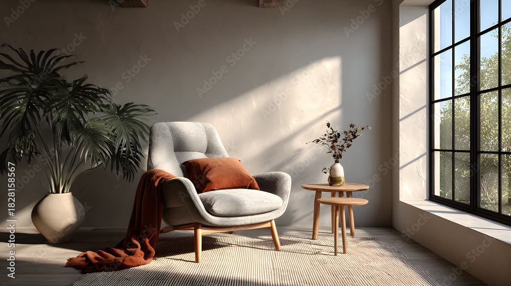 Obraz premium Cozy and minimalist modern living room interior design with a comfortable mid-century modern armchair and a small wooden side table on a neutral beige rug- 3D rendering