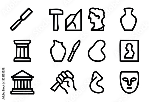 Set of sculpture and classical art icons in bold minimalist style: chisel, hammer, statue, vase, column, bust, museum, pottery, sculpting hand, abstract shape, mask.