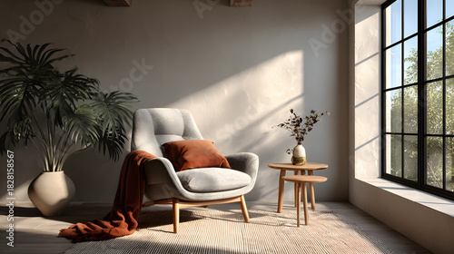 Cozy and minimalist modern living room interior design with a comfortable mid-century modern armchair and a small wooden side table on a neutral beige rug- 3D rendering