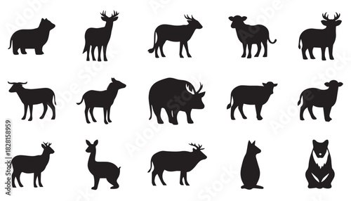 A collection of fifteen animal silhouettes, including deer, sheep, bear, rhinoceros, and other horned mammals, arranged on a white background.