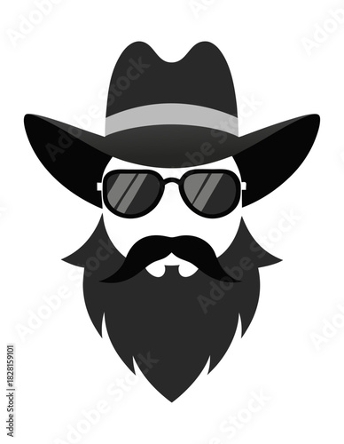 Black and white vector illustration of a cowboy with sunglasses and a thick beard ideal for fashion logos and branding projects