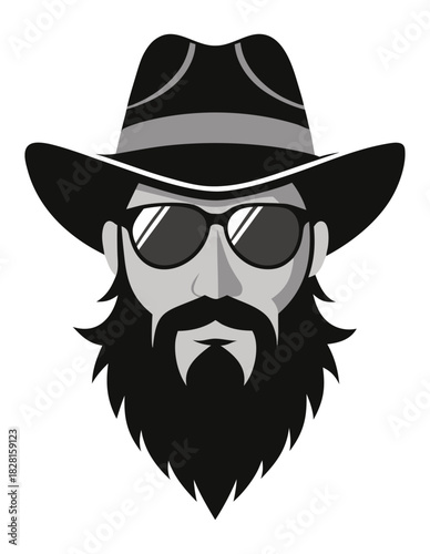 Black and white vector cowboy face with sunglasses and beard perfect for modern logos and branding concepts