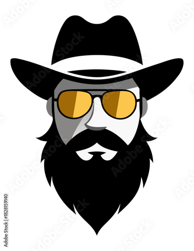Stylized cowboy face with a thick beard yellow sunglasses and a hat in black and white ideal for trendy logos and branding projects