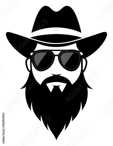 Black and white vector image of a cowboy with beard sunglasses and hat for logo branding or fashion projects