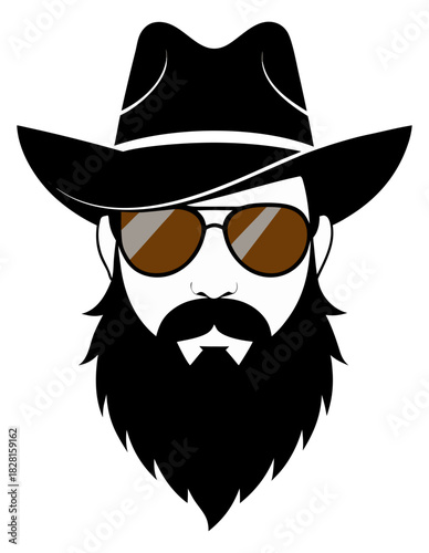 Stylized cowboy character icon with beard and sunglasses in monochrome format for digital and print use