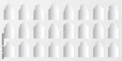 Islamic frames, oriental style objects. Arabic shapes, windows and arches with shadows. Traditional ornamental frame. Muslim holidays, Ramadan Kareem. Modern eastern architecture. Vector illustration