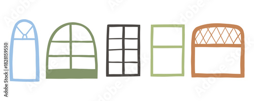 Set of flat cartoon hand drawn variations windows. Vector illustration for design, print and scrapbooking.